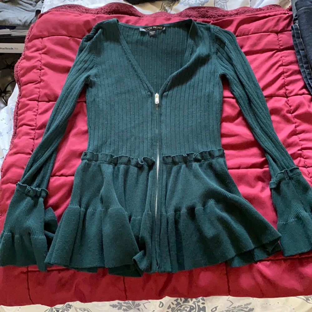 Boston Proper boho sweater with ruffle at waist.